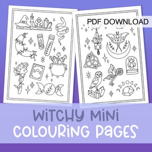 May include: Two black and white printable coloring pages with a witchy theme. The first page features a witch's hat, a cauldron, a crescent moon, a snake, crystals, and a book. The second page features a crescent moon, a moth, a key, an owl, a crystal, a potted plant, and a glass dome with a spider inside. The text "PDF DOWNLOAD" is at the top of the second page.