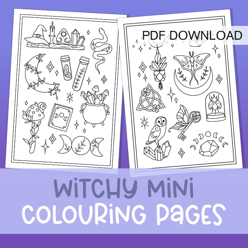 May include: Two black and white printable coloring pages with a witchy theme. The first page features a witch's hat, a cauldron, a crescent moon, a snake, crystals, and a book. The second page features a crescent moon, a moth, a key, an owl, a crystal, a potted plant, and a glass dome with a spider inside. The text "PDF DOWNLOAD" is at the top of the second page.