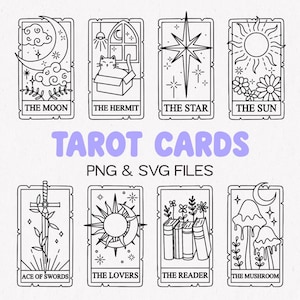 8 Tarot Cards SVG PNG Bundle Celestial Clipart Sun And Moon Graphics