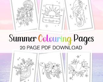 Summer Colouring Page Bundle, Beach Coloring Pages, Ocean Coloring In Bundle, Turtle Coloring Jellyfish Color In Page Floral Kids Coloring
