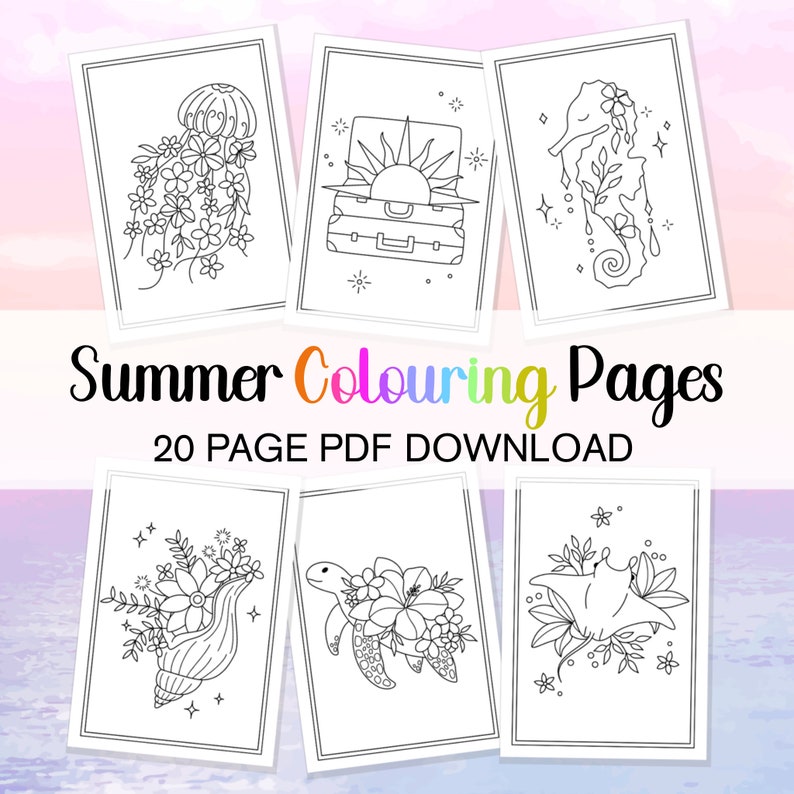 Pode incluir: Um conjunto de 20 p&aacute;ginas para colorir de ver&atilde;o imprim&iacute;veis que apresentam v&aacute;rias ilustra&ccedil;&otilde;es, incluindo uma &aacute;gua-viva, uma mala com um sol, um cavalo-marinho, uma concha, uma tartaruga e uma arraia-manta. As p&aacute;ginas s&atilde;o perfeitas para crian&ccedil;as de todas as idades para colorir e se divertir.