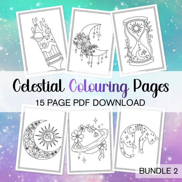 Celestial Colouring Page Bundle 2, Cosmic Coloring Page Coloring In Moon, Bundle Colouring Pages Adult Coloring Page Galaxy Color In Pages