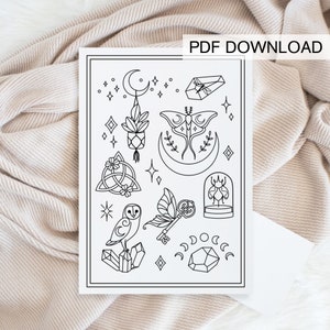 May include: A black and white printable sheet with a collection of 10 mystical illustrations, including an owl, a moth, a key, a crystal, a crescent moon, a plant, a bug, and a trinity knot.