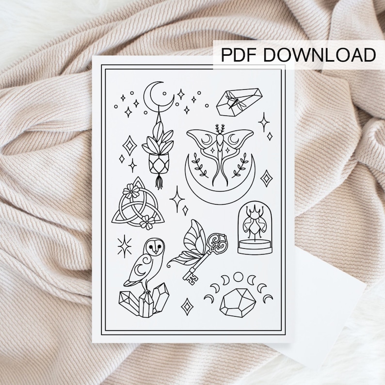 May include: A black and white printable sheet with a collection of 10 mystical illustrations, including an owl, a moth, a key, a crystal, a crescent moon, a plant, a bug, and a trinity knot.