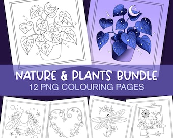 Nature And Plants Colouring Page Bundle, Downloadable Colouring Pages, Botanical Coloring Page Cute Flowers Coloring In Adult Coloring PNG