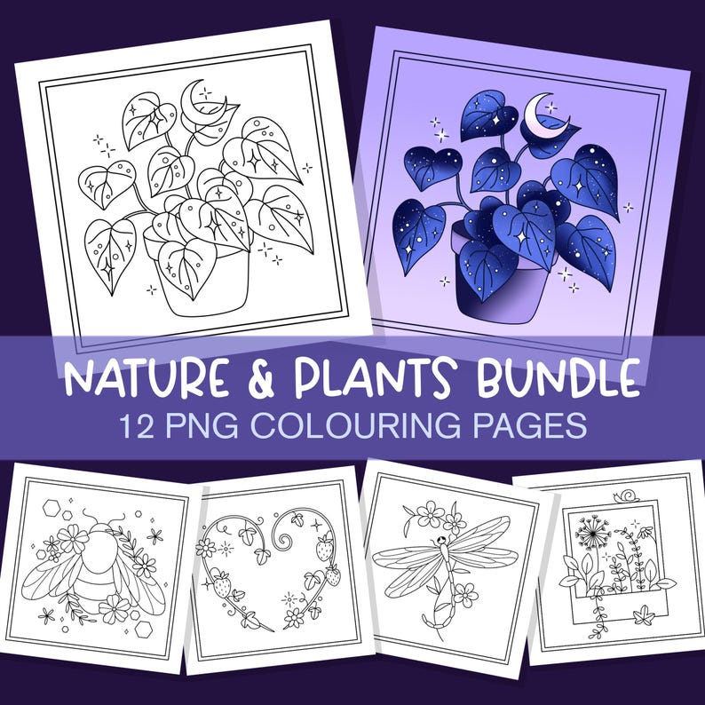 May include: A set of 12 black and white coloring pages featuring nature and plants. The pages include a bee, a dragonfly, a heart-shaped vine, and a potted plant with a crescent moon.