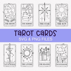 Tarotkarten SVG- und PNG-Bundle, psychische SVG-Dateien, himmlische Clipart-Bundle, Sonne und Mond svg Witchy svg Tarot Sublimationsdateien