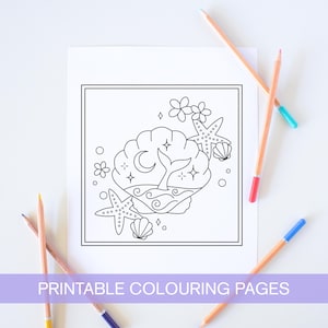May include: A black and white printable colouring page featuring a seashell with a mermaid tail inside, surrounded by starfish, flowers, and waves. The seashell is decorated with a crescent moon and stars.