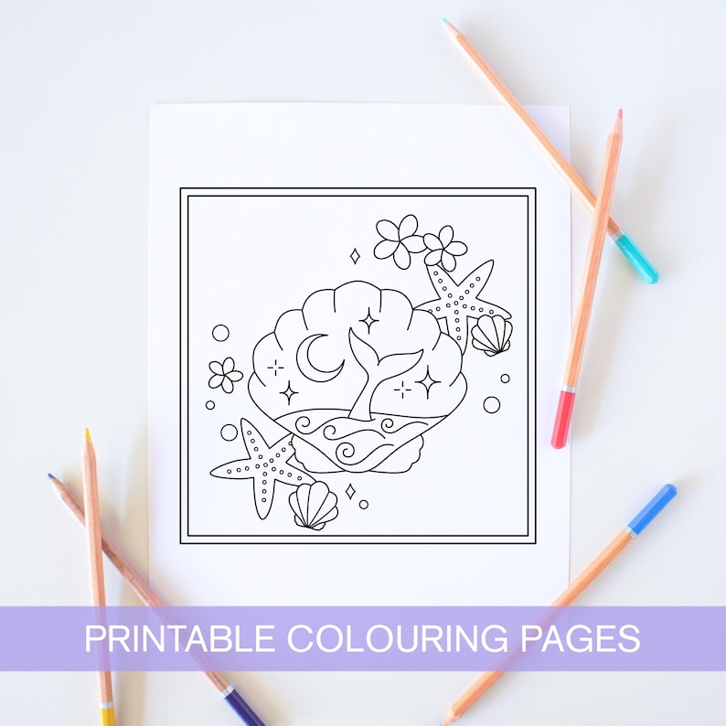 May include: A black and white printable colouring page featuring a seashell with a mermaid tail inside, surrounded by starfish, flowers, and waves. The seashell is decorated with a crescent moon and stars.