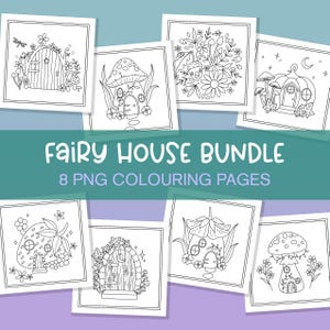 Conjunto de páginas para colorir de casas de fadas, páginas para colorir de casas de cogumelos, conjunto de fadas para colorir, fadas para colorir em PNG, páginas mágicas para colorir