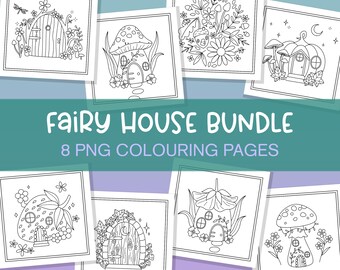 Fairy House Colouring Page Bundle, Mushroom House Coloring Pages, Fae Coloring In Bundle, Fairies Colouring In PNG, Magical Color In Pages