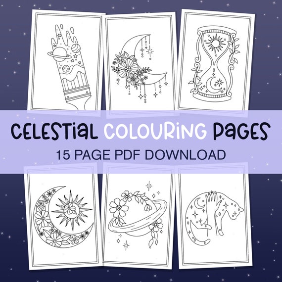 Celestial Colouring Page Bundle 2, Cosmic Coloring Page Coloring In Moon, Bundle Colouring Pages Adult Coloring Page Galaxy Color In Pages