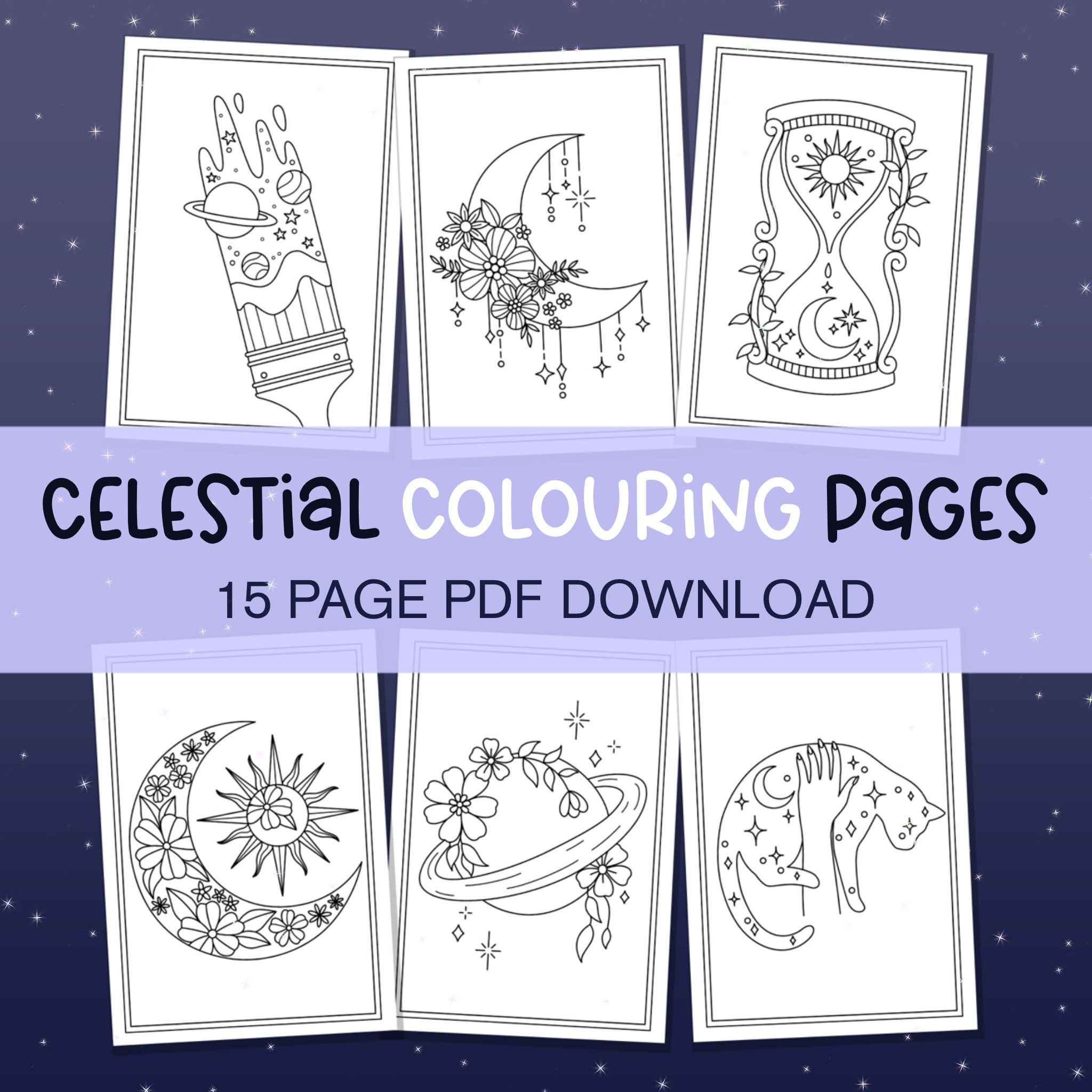 Pack de páginas para colorear celestiales 2 – Galaxia cósmica, Luna y Estrellas para adultos (15 diseños imprimibles)