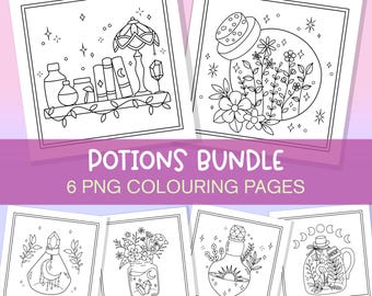 May include: Six black and white coloring pages featuring various potion bottles with different designs. The title "POTIONS BUNDLE" and "6 PNG COLOURING PAGES" are at the top of the image.