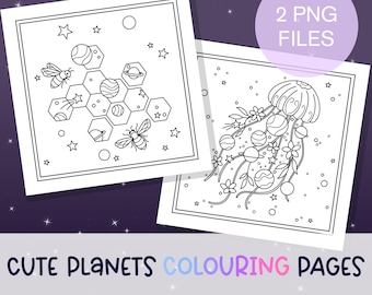Cute Planets Colouring Page Bundle, Cute Square Coloring Pages, Easy Coloring Pages Adult Colouring Pages Space Coloring Book Page PNG