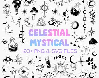 Big Celestial Mystical SVG PNG Clipart Bundle, Witchy Graphics Sun And Moon PNG Files