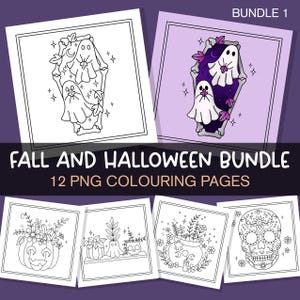 Paquete 1 de páginas para colorear de otoño y Halloween, páginas para colorear descargables, página para colorear espeluznante con lindos fantasmas para colorear en formato PNG para adultos.