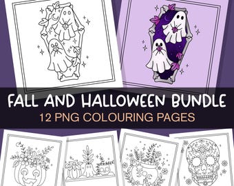 Fall And Halloween Colouring Page Bundle 1, Downloadable Colouring Pages, Spooky Coloring Page Cute Ghosts Coloring In Adult Coloring PNG