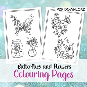 May include: Two black and white coloring pages featuring butterflies and flowers. The first page has a butterfly with flowers, a jar with a flower inside, and a lightbulb with flowers. The second page has a butterfly with flowers in a triangle shape and a butterfly with flowers in a triangle shape.