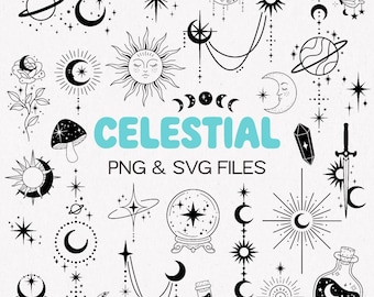 Himmelsk SVG PNG Clipart, sol och måne svg häxiga tarot sublimeringsfiler (uppsättning 1)