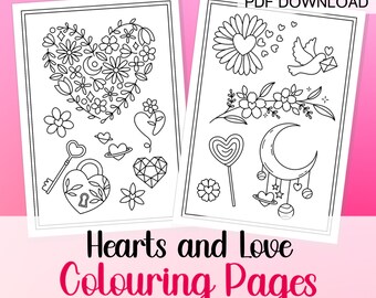 Hearts And Love Colouring Page Set Of 2, Valentines Day Coloring Page Easy Coloring Page Minis, Cute Love Themed Coloring Pages Valentines