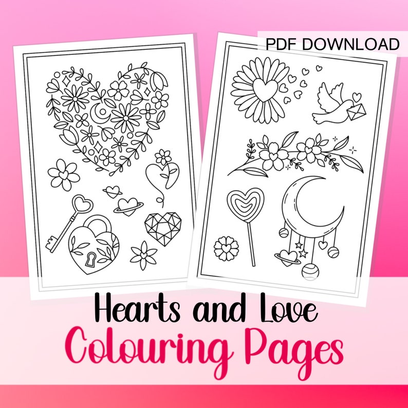 May include: Two black and white coloring pages featuring hearts and love themed illustrations. The first page has a heart made of flowers, a key, a lock, and a diamond. The second page has a flower, a heart lollipop, a crescent moon, and a star.