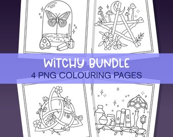 May include: A set of four black and white coloring pages with a witchy theme. The pages feature a butterfly in a jar, a pentagram with sticks, a triquetra with flowers, and a shelf with books, bottles, and a lamp.