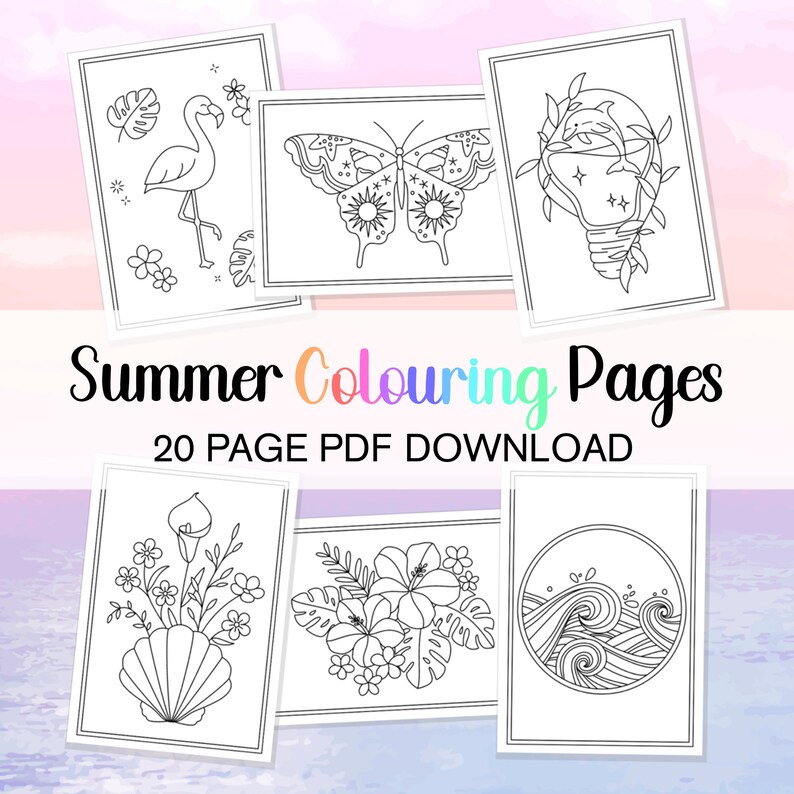 Pode incluir: Um conjunto de 20 p&aacute;ginas para colorir de ver&atilde;o imprim&iacute;veis que apresentam ilustra&ccedil;&otilde;es em preto e branco de um flamingo, uma borboleta, uma l&acirc;mpada, flores e ondas. As p&aacute;ginas s&atilde;o projetadas para que crian&ccedil;as e adultos as pintem.