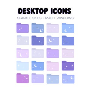 Puede incluir: Dieciséis iconos de escritorio en tonos morados y azules, cada uno con un diseño celestial de estrellas y lunas crecientes. El texto "DESKTOP ICONS" está en la parte superior, con "SPARKLE SKIES • MAC + WINDOWS" debajo.