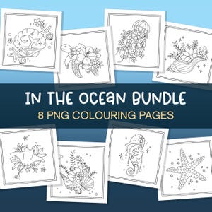 Pacote de páginas para colorir "No Oceano", páginas para colorir do mar, pacote de páginas para colorir de praia, colorir tartarugas em PNG, colorir conchas de água-viva