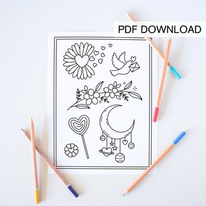 May include: A printable coloring page featuring a variety of cute illustrations, including a flower with a heart in the center, a bird carrying a letter, a heart-shaped lollipop, a crescent moon with stars and planets, and a floral branch with hearts.