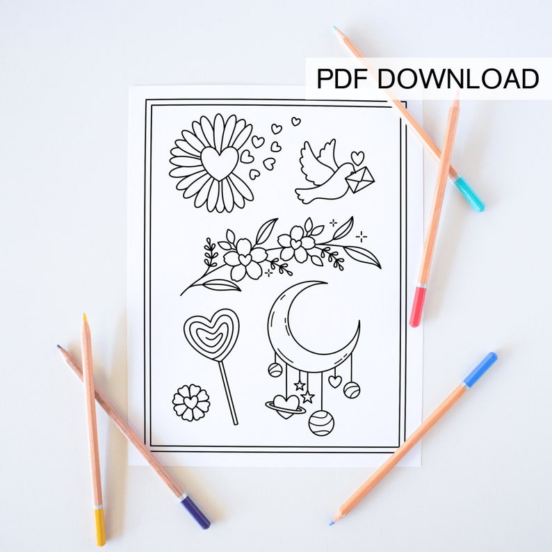 May include: A printable coloring page featuring a variety of cute illustrations, including a flower with a heart in the center, a bird carrying a letter, a heart-shaped lollipop, a crescent moon with stars and planets, and a floral branch with hearts.