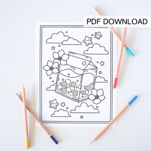 K&ouml;nnte beinhalten: Eine Schwarzwei&szlig;-Zeichnung eines Milchkartons mit Sternen und Blumen. Der Karton schwebt in der Luft mit Wolken dahinter.  PDF DOWNLOAD steht in der oberen rechten Ecke des Bildes.