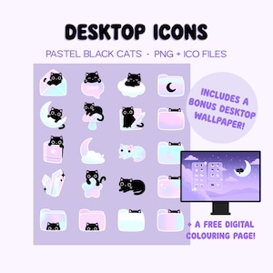 Może przedstawiać: Zestaw ikon pulpitu w pastelowych kolorach z ilustracjami czarnych kotów. Ikony mają różne kształty i wzory, z tekstem "DESKTOP ICONS" na górze. Zawiera dodatkową tapetę na pulpit i darmową cyfrową kolorowankę.
