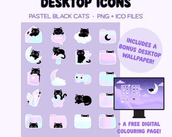 May include: A collection of pastel-colored desktop icons featuring black cat illustrations. The icons include various shapes and designs, with the text "DESKTOP ICONS" at the top. Includes a bonus desktop wallpaper and a free digital coloring page.