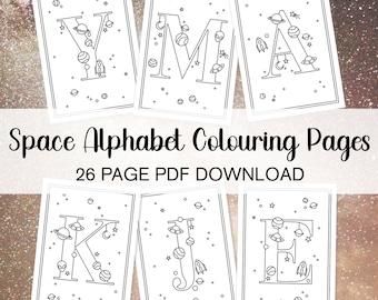 Paquete de páginas para colorear del alfabeto espacial, páginas para colorear Galaxy Kids 26 letras A-Z para colorear en el paquete espacial, páginas para colorear para niños de la A a la Z