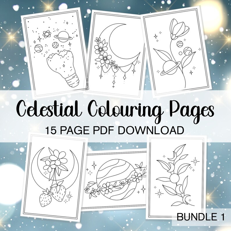 Op de afbeelding: Een set van 15 afdrukbare hemelse kleurplaten. De pagina's bevatten een verscheidenheid aan hemelse ontwerpen, waaronder manen, sterren, planeten en bloemen. De pagina's zijn perfect voor kinderen en volwassenen die graag kleuren.