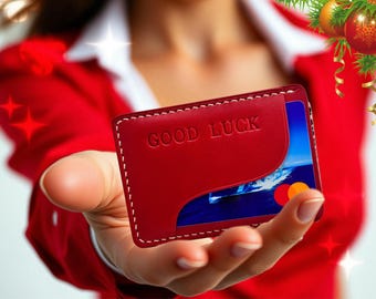 Handmade Red Leather Card Holder: Minimalist Wallet, Custom Engraving