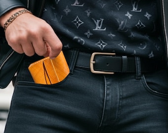 Yellow Leather Card Holder Wallet - Handmade Minimalist Slim Wallet Gift for Men & Women - Made in USA Quality