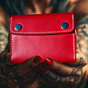 Cartera de cuero rojo hecha a mano para hombre, tres pliegues, organizador elegante y regalo para él, accesorio de moda único