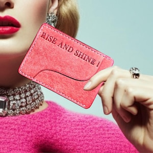 Custom Leather Card Holder - Handmade Pink Minimalist Wallet, Slim Design for Cards & Cash, Personalized Embossed Gift