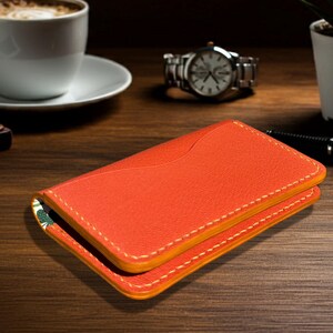 Cartera plegable de cuero de grano completo hecha a mano, tarjetero plegable exclusivo, billetera delgada de color naranja, regalo para ella, billetera para mujer fabricada en EE. UU.