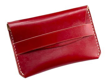 Minimalist Red Leather Wallet - Handmade Slim Card Case for Men, Women - Personalized Compact Gift & Travel Accessory