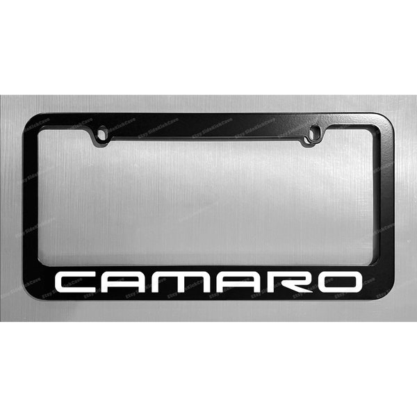 Chevrolet CAMARO Black Metal Custom Made License Plate Frame + Screw Covers white letters