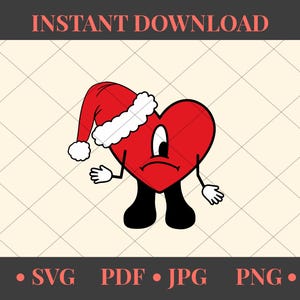 Bad Bunny Camadas Coração Triste Com Chapéu De Papai Noel SVG | Bad Bunny SVG | Bad Bunny Natal SVG| Bad Bunny Coração Triste Svg Png
