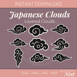 Nubes japonesas / Nubes en capas / Nube rizada SVG / Paquete de nubes SVG / Estilo japonés / Nube Kumo PNG / Nubes SVG / Archivo de corte de nubes