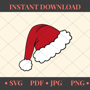 May include: A red and white Santa hat with a fluffy white trim. The hat is tilted to the side, as if it is being worn.