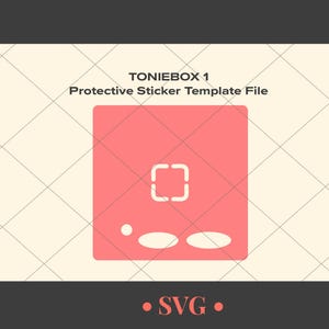 Könnte beinhalten: Digitales Design für eine Schutzaufkleber-Vorlagendatei. Das Design zeigt ein korallenfarbenes Quadrat mit weißem quadratischem Umriss und einigen weißen Formen. Der Text "TONIEBOX 1 Protective Sticker Template File" steht oben und "SVG" unten.