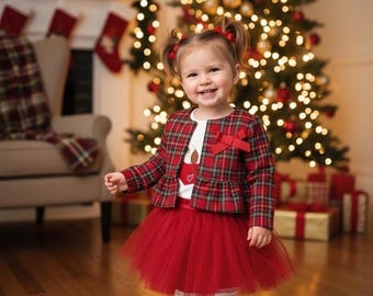 Toddler Christmas Outfit, Plaid Cardigan, Red Tutu Skirt, 3-Piece Holiday Set