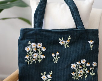 Embroidery Daisy Velvet Tote Bag | Drawstring Floral Embroidered Linen Tote Bag | Eco Friendly Grocery Bag, Aesthetic Bag |Handmade Tote Bag